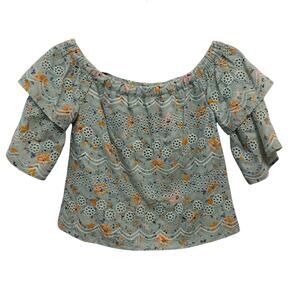 Laia Puff Sleeve Ruffled Blouse Womens XS Blue Green